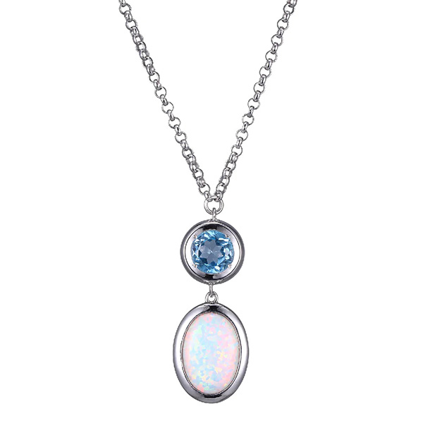 ELLE Sterling Silver Genuine Blue Topaz and Created Opal Necklace