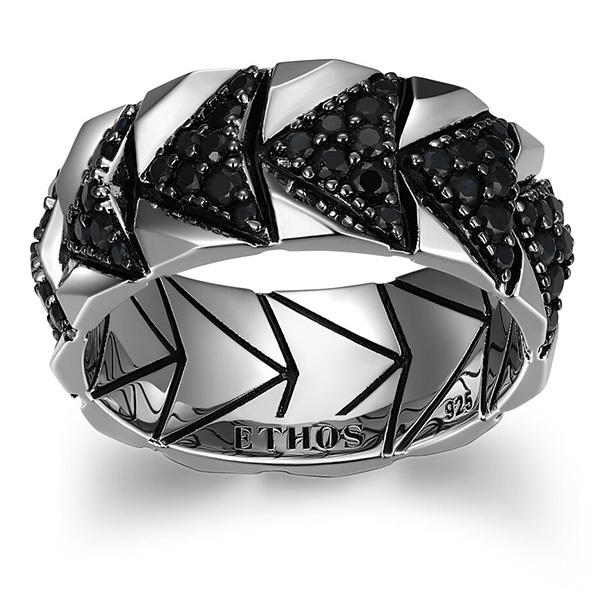 Ethos Men's Chevron Rhodium and Gunmetal Sterling Silver and Black Sapphire Ring