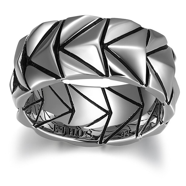 Ethos Men's Chevron Rhodium Plated Sterling Silver Ring