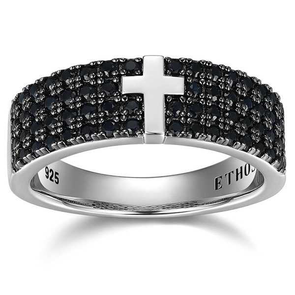 Ethos Men's Black Ice Gunmetal Sterling Silver and Black Sapphire Ring with Cross