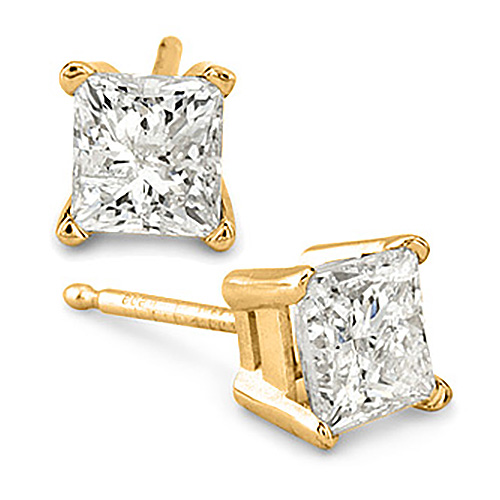 1 CT TW Princess Cut Diamond Stud Earrings G-I / SI2 - 14k Yellow Gold