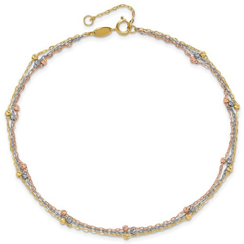 10k Tri-color Gold 3-Strand Beaded Anklet