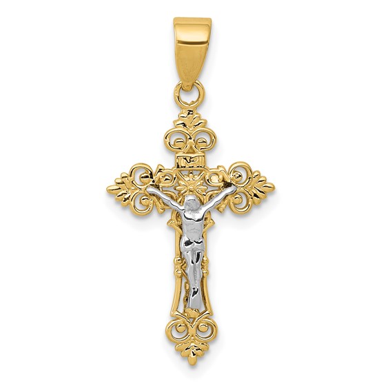 10k Two-tone Gold Fleur de Lis INRI Crucifix Pendant 3/4in