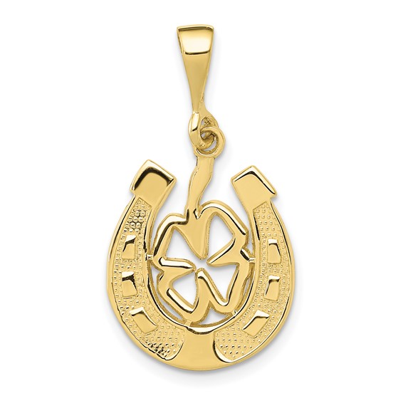 10k Yellow Gold Horseshoe and Clover Pendant 3/4in