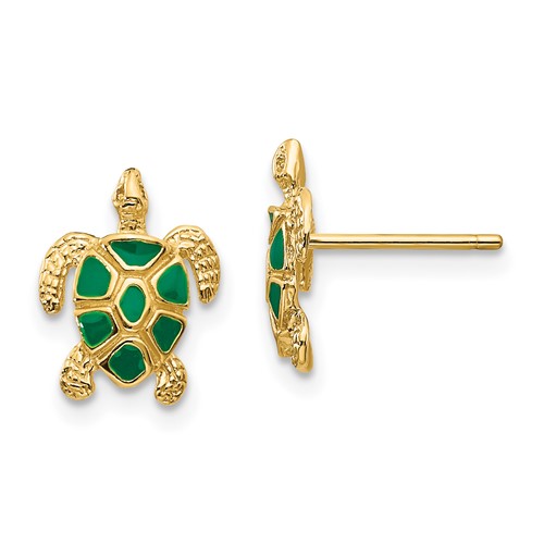 10k Yellow Gold Green Enamel Sea Turtle Earrings