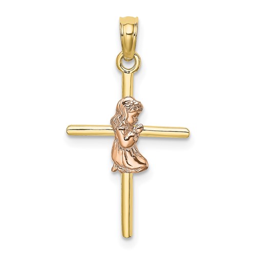 10k Yellow and Rose Gold Praying Girl Cross Pendant 3/4in