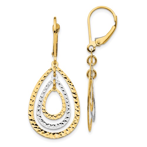 10k Two-tone Gold Nested Tear Drop Diamond-cut Leverback Earrings