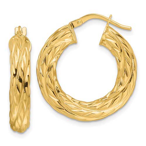 10k Yellow Gold 1in Hollow Woven Texture Round Hoop Earrings 4.7mm Thick