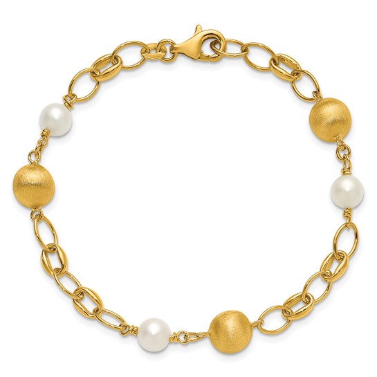 14k Yellow Gold Freshwater Pearl and Brushed Bead Station Bracelet 7.5in