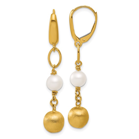 14k Yellow Gold Freshwater Pearl and Brushed Bead Station Earrings