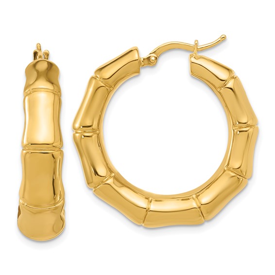 14k Yellow Gold Tapered Bamboo Hoop Earrings 1.1in