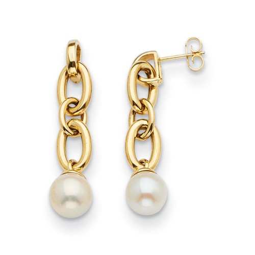 14k Yellow Gold Freshwater Cultured Pearl and Oval Link Drop Earrings