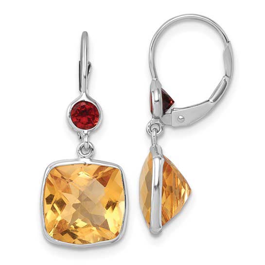 14k White Gold 8.3 ct tw Cushion Cut Citrine and Garnet Leverback Dangle Earrings