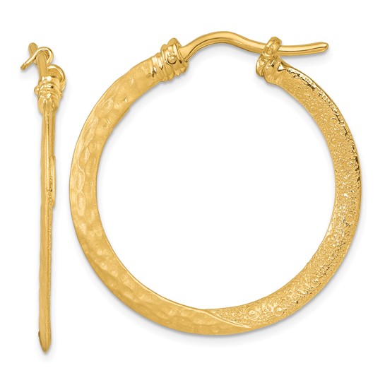 18k Yellow Gold Satin and Textured Fancy Round Hoop Earrings 1.25in