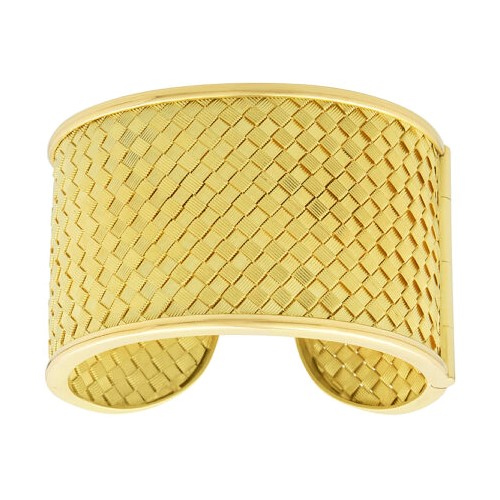 18k Yellow Gold Basket Weave Cuff Bangle Bracelet