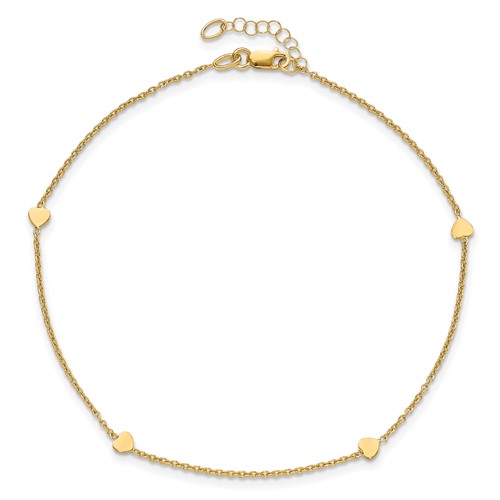 14k Yellow Gold Italian Anklet with Four Solid Heart Charms 10in ANK305-10