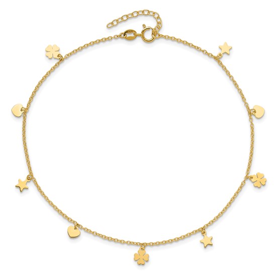 14k Yellow Gold Stars Hearts and Clovers Anklet