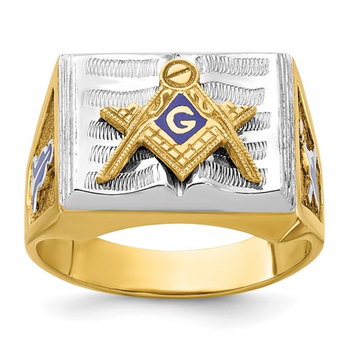 10k Yellow Gold and Rhodium Masonic Book Ring With Blue Enamel