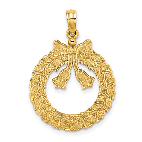 14k Yellow Gold Satin Polished Christmas Wreath Charm 3/4in