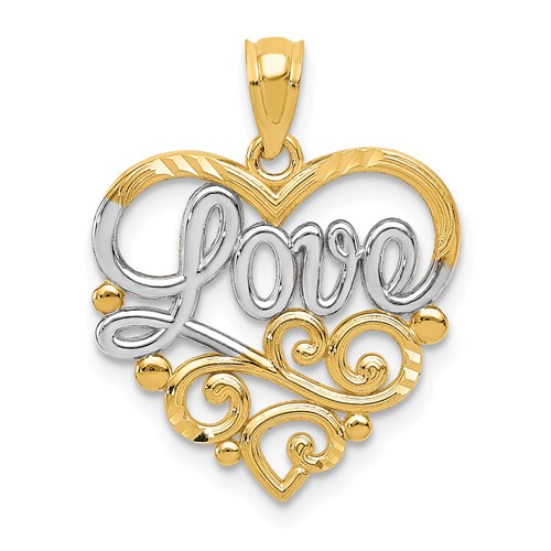 14k Yellow Gold and Rhodium Love Heart Pendant with Scroll Design C2944