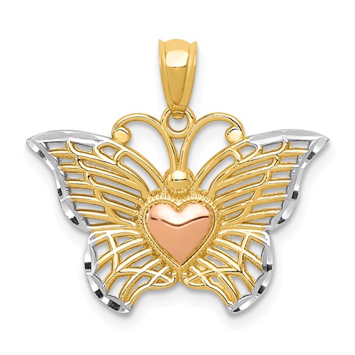 14k Two-Tone Gold with Rhodium Butterfly Heart Pendant 1/2in