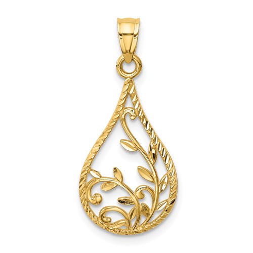 14k Yellow Gold Teardrop with Leaves Pendant