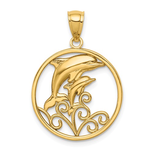 14k Yellow Gold Dolphins Pendant in Round Frame 3/4in C4597