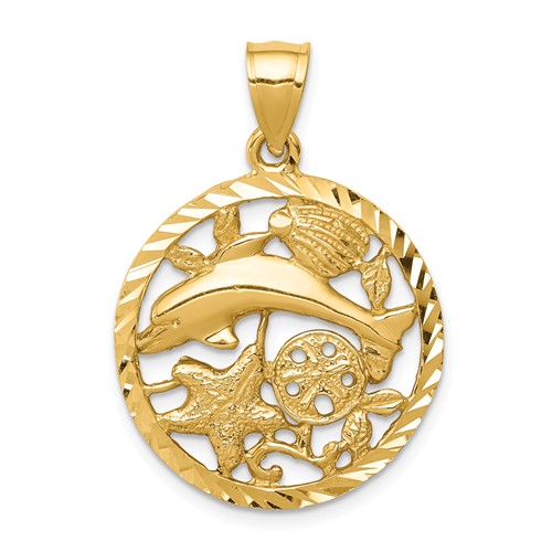 14k Yellow Gold Framed Dolphin and Shells Pendant 7/8in