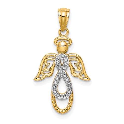 14k Yellow Gold Rhodium Infinity Angel Pendant 3/4in