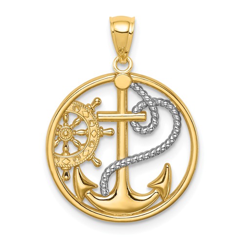 14k Yellow Gold Rhodium Cross Anchor Ship's Wheel Pendant 11/16in