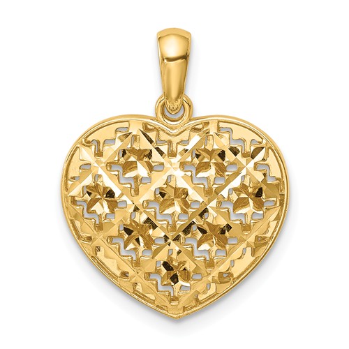 14k Yellow Gold Diamond-Cut Puffed Open Heart Pendant 1/2in