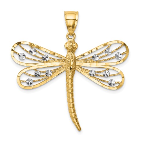 14k Yellow Gold and White Rhodium Dragonfly Pendant 1in