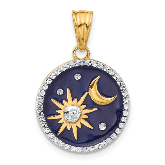 14k Yellow Gold and Rhodium Round Blue Enameled Sun and Moon Pendant