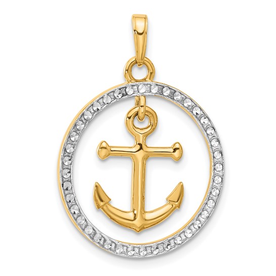 14k Yellow Gold White Rhodium Anchor in Circle Pendant 7/8in