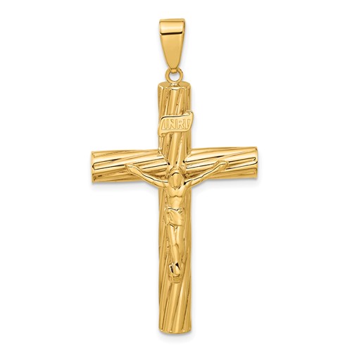 14k Yellow Gold INRI Crucifix Pendant Wood Grain Texture 1.5in