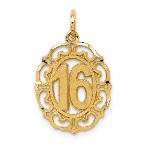 14k Yellow Gold Oval 16th Birthday Pendant with Hearts 3/4in