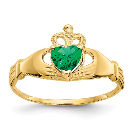 14kt Yellow Gold Claddagh Ring with Emerald CZ D1796 | Joy Jewelers