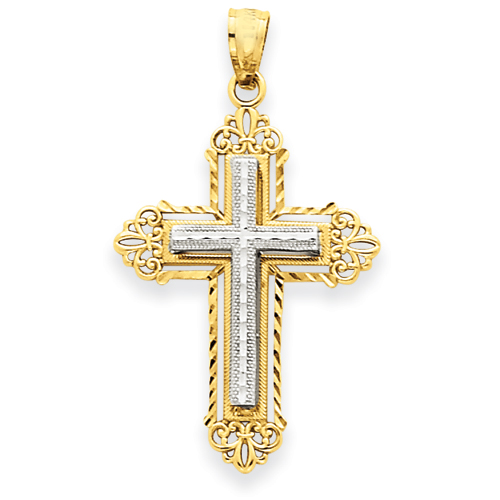 14kt Two-tone Gold 1in Fleur de lis Cross D3532 | Joy Jewelers