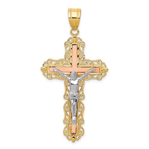 14kt Tri-Color Gold 1 1/2in Diamond-Cut Crucifix Pendant D3646