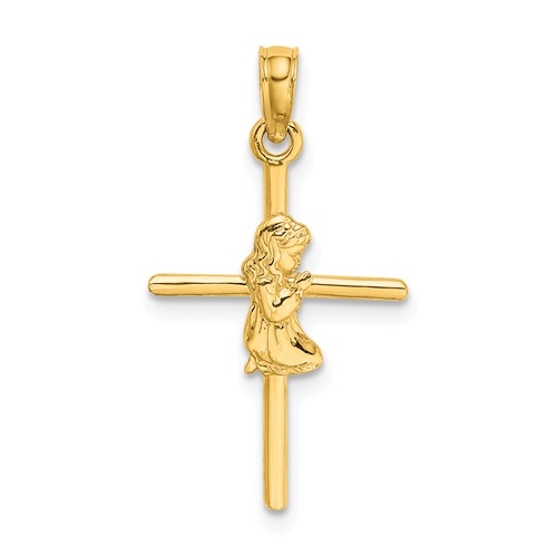 14k Yellow Gold Praying Girl Cross Pendant 3/4in