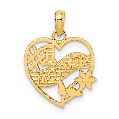 14k Yellow Gold #1 MOTHER in Heart Frame Pendant with Flowers