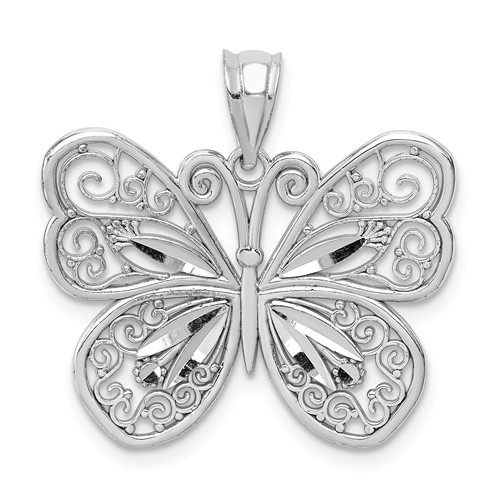 14k White Gold Polished and Diamond-cut Butterfly Pendant 3/4in