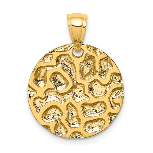 14k Yellow Gold Polished and Textured Disc Pendant 5/8in