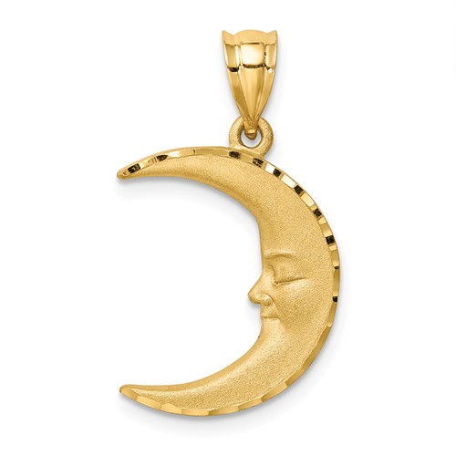 14k Satin Diamond-cut Sleepy Moon Pendant 3/4in