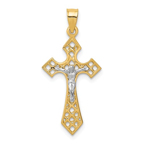 14k Two-tone Gold Polished Crucifix Cross Pendant 7/8in D4662