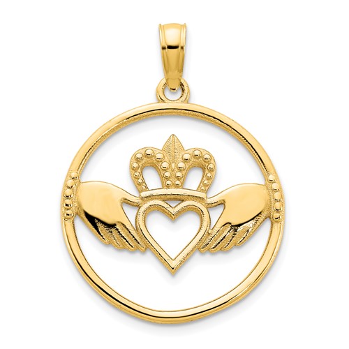 14k Yellow Gold Small Claddagh in Round Frame Pendant