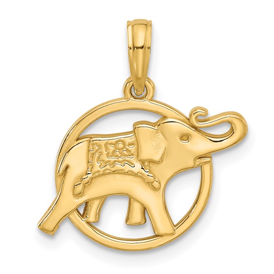 14k Yellow Gold Elephant in Circle Pendant 3/4in