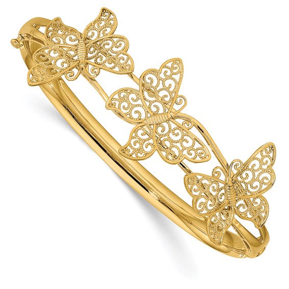 14k Yellow Gold Butterfly Hinged Bangle Bracelet With Filigree Design