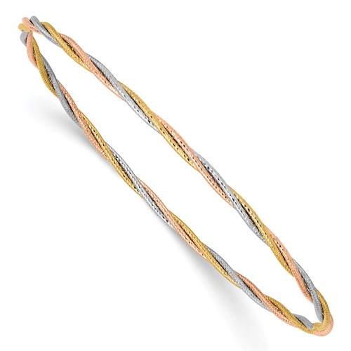 14k Tri-Color Gold Diamond Cut Twisted Bangle 7in