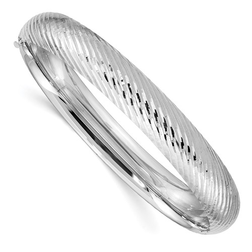 14k White Gold 7.5in Textured Hinged Bangle Bracelet 10mm Wide